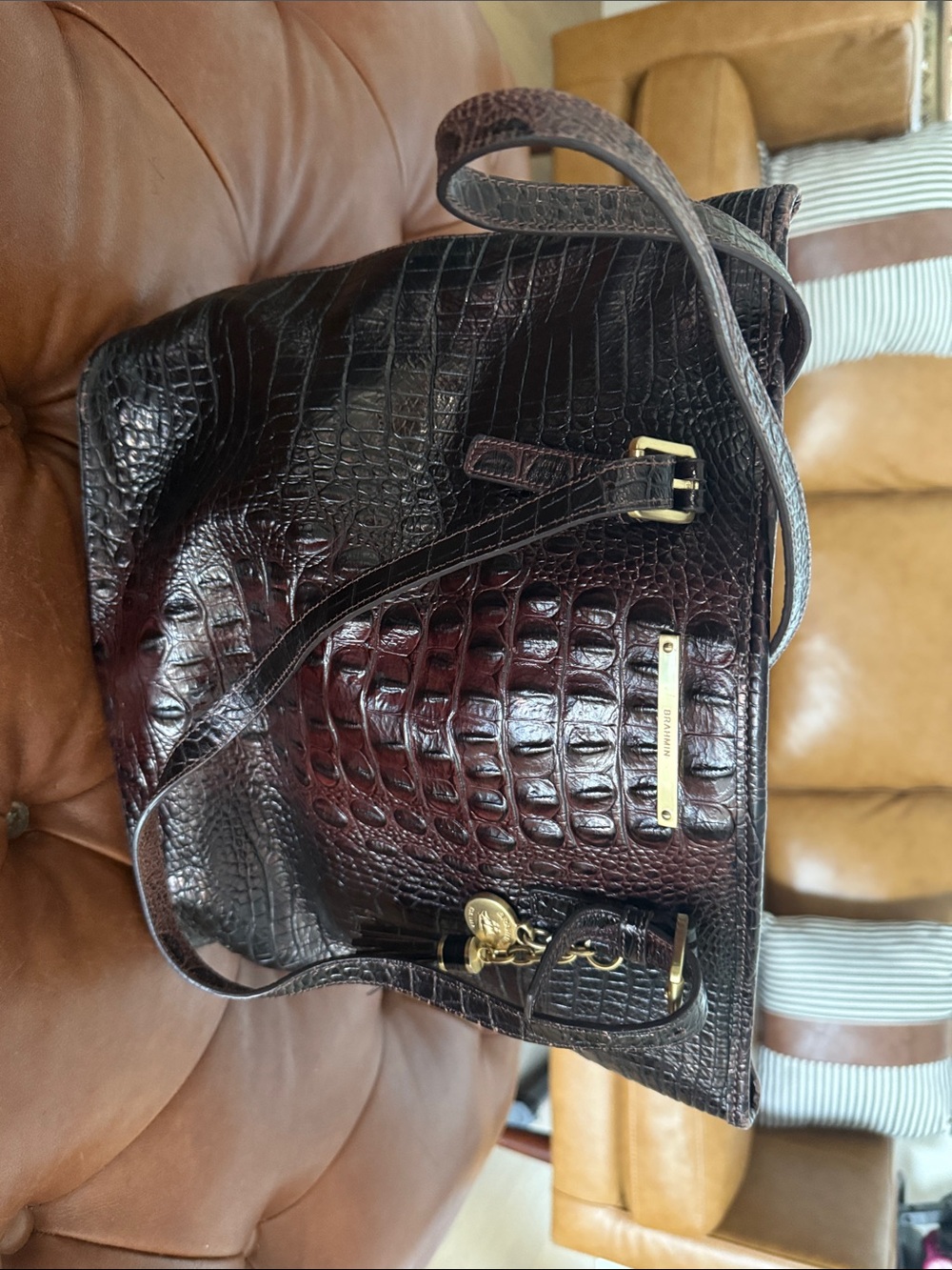 Brahmin Bordeaux Croc-Embossed Shoulder Bag with Gold Hardware
